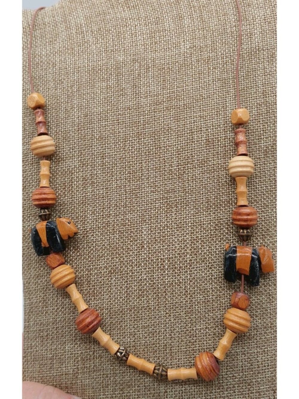 Wood Panda Bear Necklace Wood Metal Beads Brown Cord